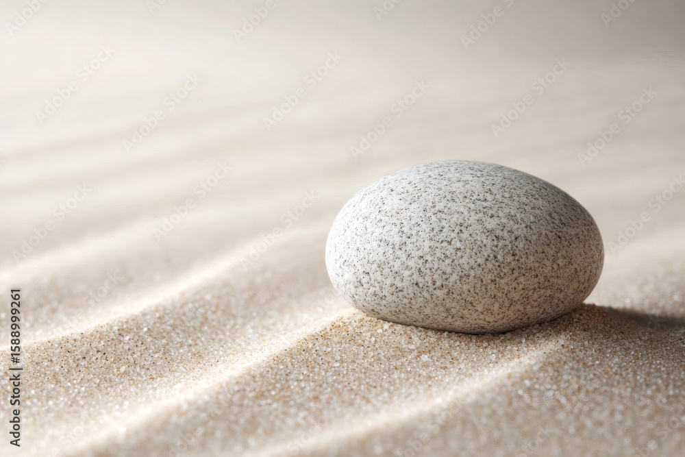 Poster single gray pebble resting on textured sand, creating a serene and minimalist scene that evokes feel