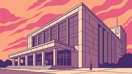 Fototapeta premium Modern architecture building illustration with sunset sky and people for architectural design projects