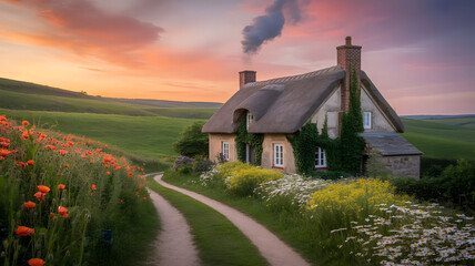 Old farm house in a green rural landscape under a blue sky