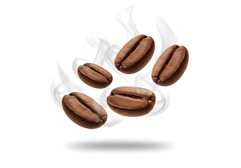 Five roasted coffee beans with wisps of steam floating in the air isolated on white background