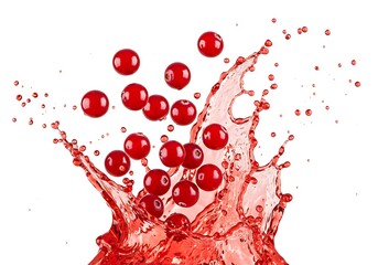 Fresh red cranberries splashing into vibrant red liquid with droplets isolated on white background