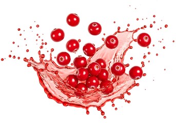 Fresh ripe cranberries splashing into red juice isolated on white background