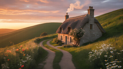Beautiful rural landscape with meadows and fields, trees and hills, houses against a sky background with clouds. 