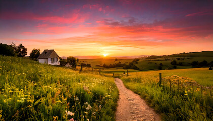 Golden summer sunset over a rural field with a winding path leading to the horizon