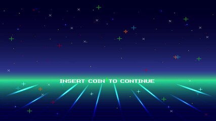 PRESS START. pixel art. 8 bit game. retro game. for game assets .Retro Futurism Sci-Fi Background. glowing neon grid. and stars from vintage arcade computer games - Powered by Adobe