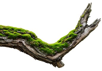 Close up of a weathered tree branch covered in lush green moss isolated on white background