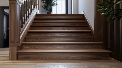 Elegant wooden staircase leads to an upper level in a modern home interior