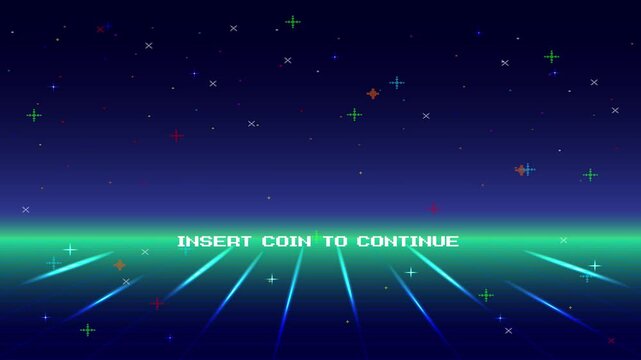 PRESS START. pixel art. 8 bit game. retro game. for game assets .Retro Futurism Sci-Fi Background. glowing neon grid. and stars from vintage arcade computer games - Powered by Adobe