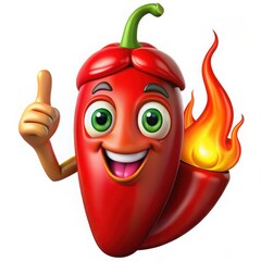 Happy cartoon red chili pepper with thumbs up and fire isolated on white background