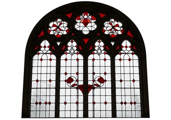 Gothic arch stained glass window with red and white pattern isolated on white background