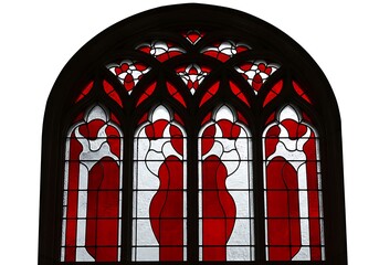 Gothic arch stained glass window with red and white pattern isolated on white background