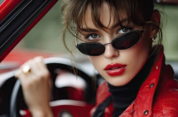 an Asian woman with red lipstick and black sunglasses sitting in the driver's seat