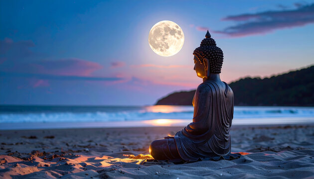 Serene Buddha Statue at Sunset Beach Under Full Moon