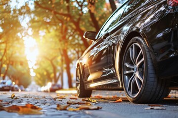Stylish black car parked on a cobblestone street lined with autumn trees, bathed in the warm glow of the setting sun