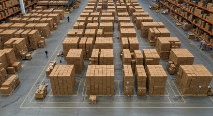 Extensive warehouse featuring stacked cardboard boxes, logistics and distribution