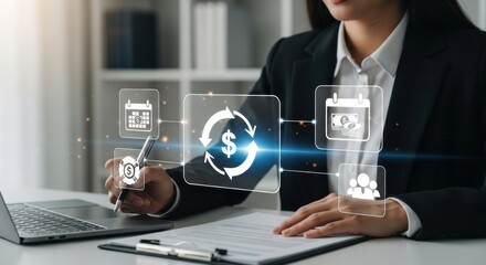 Businesswoman analyzing financial data with digital icons representing investment and planning for future growth strategy