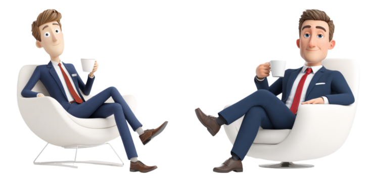 Relaxed businessmen sitting on armchairs with crossed legs isolated on transparent PNG image perfect for executive branding or leadership visuals - Powered by Adobe