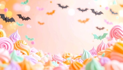 Kawaii Pastel Halloween Background with Candy and Bats