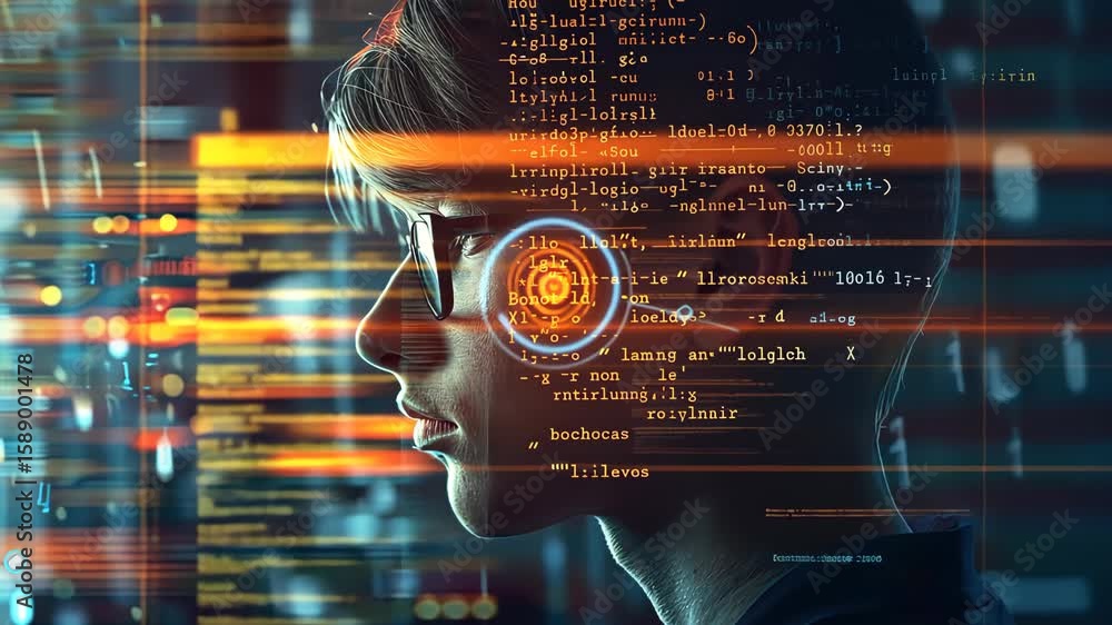 Poster engaging with tech and creativity, showcasing programming visualizations and a person immersed in di