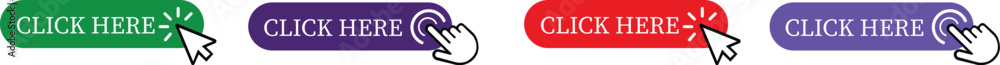 Poster click here button icon set.pointer click button. modern action button mouse click symbol. computer m