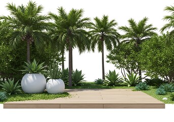 Lush tropical garden with palm trees and modern planters isolated on white background
