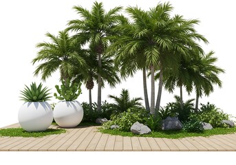 Tropical garden scene with palm trees potted plants and wooden deck isolated on white background
