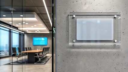 Clear acrylic nameplate on textured wall frosted metal standoffs