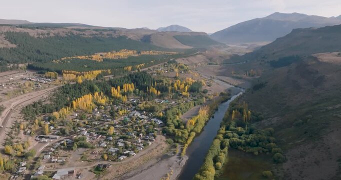 Autumn season colors in Manzano Amargo, small village located in Neuquen, Argentina. Aerial view