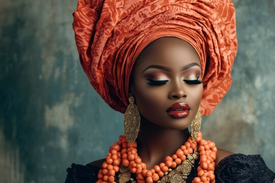 Studio portrait of a Nigerian model wearing traditional orange gele and coral beads posing with closed eyes and perfect makeup