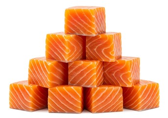 Fresh raw salmon cubes stacked in a pyramid shape isolated on white background