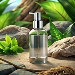 Clear dispenser bottle with metallic pump surrounded by natural elements isolated on white background