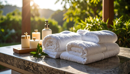 White Rolled Towels on Granite Surface Outdoor Spa Setting