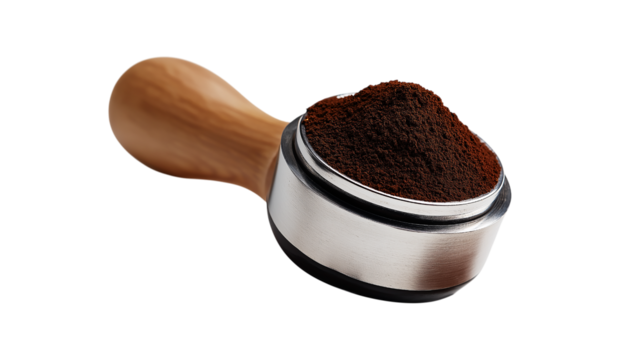 Espresso Portafilter Filled with Ground Coffee Ready for Brewing on Transparent Background