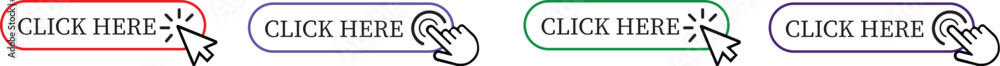 Poster click here button icon set.pointer click button. modern action button mouse click symbol. computer m