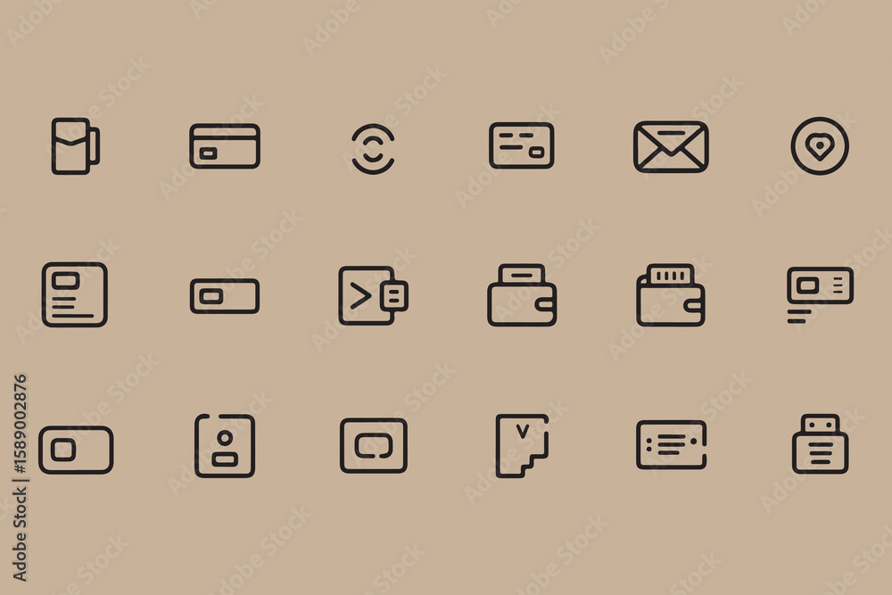 Poster collection of simple outline icons representing various objects and concepts like credit cards walle