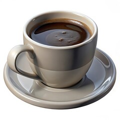 A steaming cup of dark coffee in a modern ceramic mug with a saucer isolated on white background