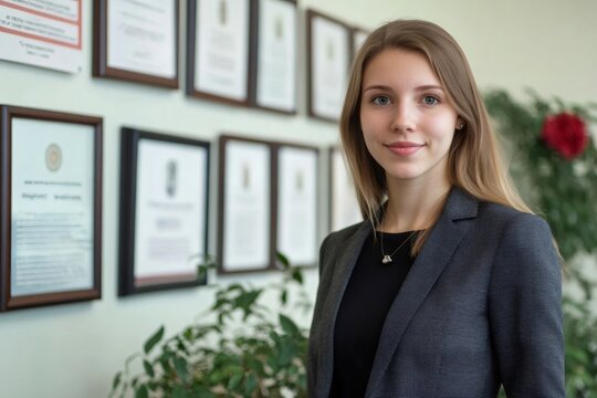 Portrait of a confident young woman wearing a suit, standing in an office environment with framed certificates displayed on the wall behind her
