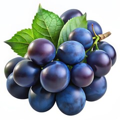 Fresh ripe plums with green leaves isolated on white background