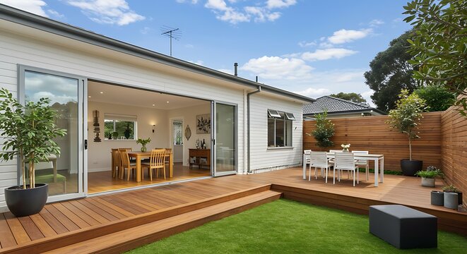 A modern house with a wooden deck and a green backyard