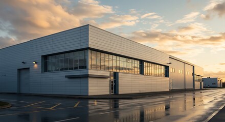 A modern industrial building with reflections on the wet pavement