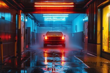 Automatic car wash is cleaning a car with water and soap, illuminated by neon lights