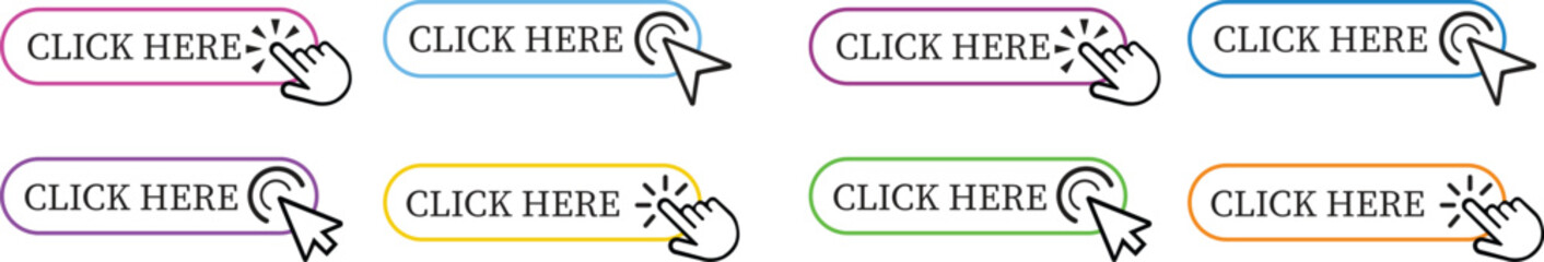 Click Here Button Icon set.Pointer Click button. Modern action button mouse click symbol. Computer mouse click cursor or Hand pointer symbol. Cursor arrow icon. Clicking finger. Vector illustration.