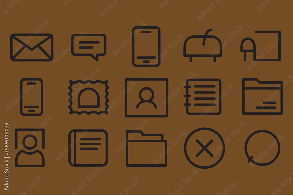 Poster collection of simple outline icons representing communication organization and user interface elemen