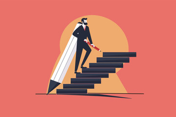 Illustration of a businessman climbing stairs he drew with a pencil. Career boost, ambition, achievement, and overcoming challenges to reach business goals. Editable content.