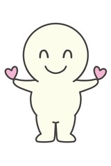 Simple full-length portrait of a person holding a heart in each hand.