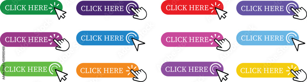 Poster click here button icon set.pointer click button. modern action button mouse click symbol. computer m
