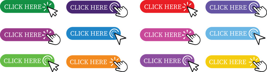 Click Here Button Icon set.Pointer Click button. Modern action button mouse click symbol. Computer mouse click cursor or Hand pointer symbol. Cursor arrow icon. Clicking finger. Vector illustration.
