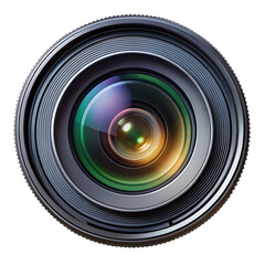Close up of a camera lens with colorful reflections and a black background isolated on a transparent background