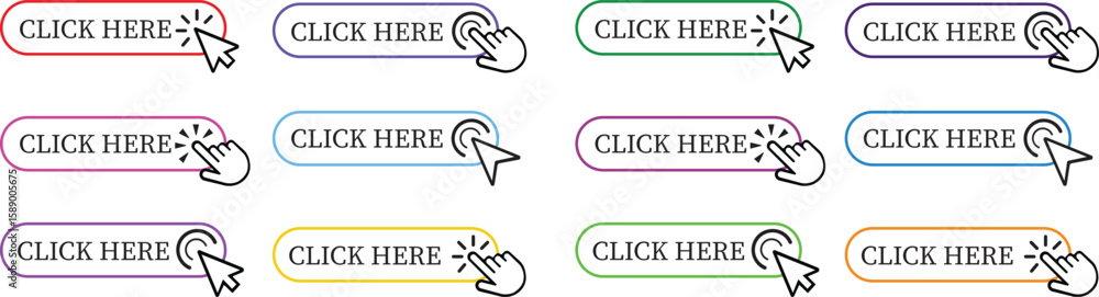 Fototapete Click Here Button Icon set.Pointer Click button. Modern action button mouse click symbol. Computer mouse click cursor or Hand pointer symbol. Cursor arrow icon. Clicking finger. Vector illustration.
