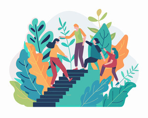 People helping each other climbing stairs to growth, cooperation, assistance, team. Support and teamwork in business vector illustration. Teamwork with team building, reaching goal.